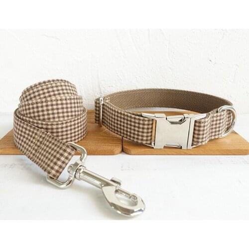 Personalized Coffee Brown Plaid Dog Collar Leash Set Nylon Pet Collar Leash Free Engraved Nameplate For Small Medium Large Dogs