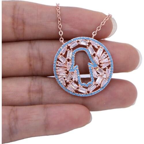 Luxury sparking baguette cubic zirconia cz Rose gold color fatimas hand Boho Statement necklace