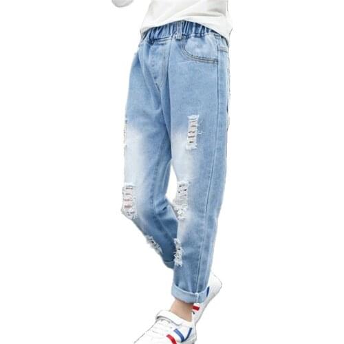 Ripped Jeans for Girls 2019 Summer Light Blue Loose Casual Children Denim Pants Elastic Waist Teenage Girls Jeans Trousers 3-16Y