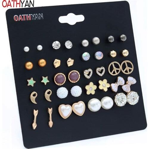 OATHYAN 20 Pairs/Set Fashion Round Heart Simulated Pearl Stud Earrings Sets For Women Enamel Flower Bow Earring Girls Jewelry