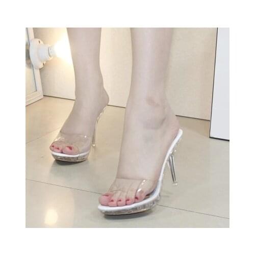 2020 Summer Women Sexy High-heeled Cool Slides Slippers Female Transparent Crystal Waterproof Sandals Thick Fish Mouth Sandals
