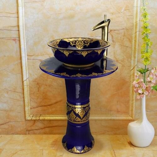 Blue with gold pattern Art Pedestal Basin Ceramic Washbasin Table Basin Vertical Washbasin Integrated Pedestal Basin