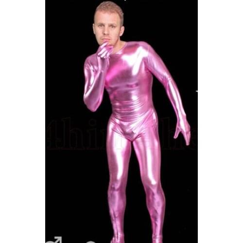 Special price! brand Unisex Pink Round neck Shiny Metallic Zentai Catsuits Sexy Fancy Dress Bodysuits For Party black Zipper