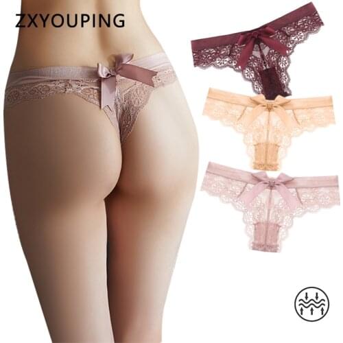 New Women Sexy Lace Hollow Out G String lingerie Solid Panties Back Cute Big Bow Thong Seamless Female Fashion Underwear T-back