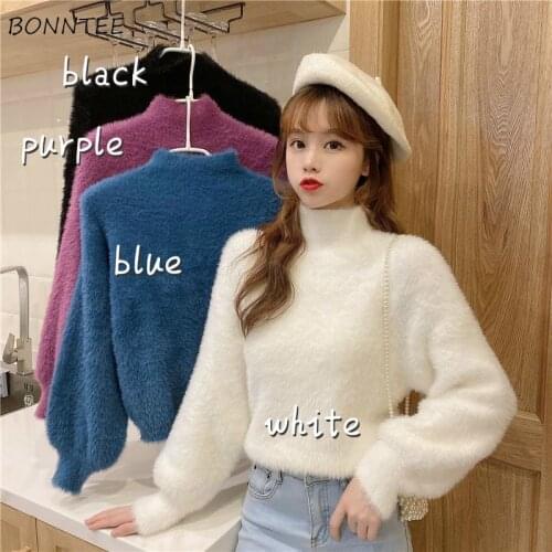 Sweaters Women Solid Turtleneck Minimalist Korean Style Soft Fashion Leisure All-match Plus Size 3XL Lovely Knitted Wear Autumn