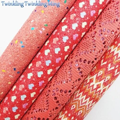 Coral Lace Glitter Fabirc, Faux Leather Fabric, Hearts Synthetic Leather Fabric Sheets For Bow A4 21x29CM Twinkling Ming XM597