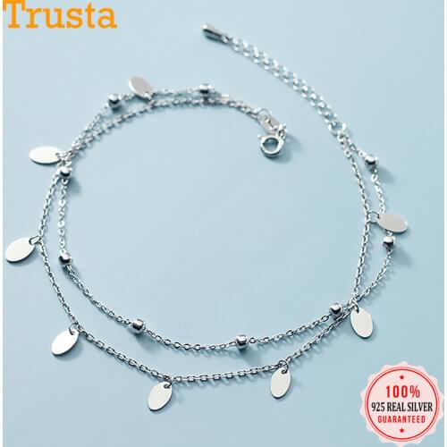 Trustdavis Genuine 925 Sterling Silver Double Layer Beads Chain Elliptical Slices Anklets For Women S925 Birthday Present DA1533