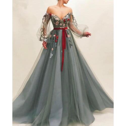 Embroidery Evening Dresses 2021 Dubai Caftan Off Shoulder Long Sleeve Formal Evening Party Ball Gown Robe De Soiree
