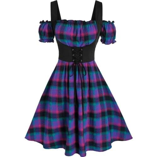 Dresses For Women 2021 Oktoberfest Costume Bavarian Mini Dress Plus Size Plaid Lace-up Open Shoulder Dress Vestidos De Mujer