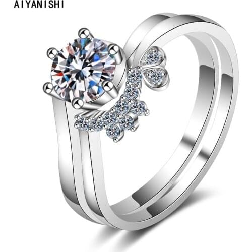 AIYANISHI 925 Sterling Silver Moissanite Diamond 0.8ct Ring Sets for Women Anillos Silver Ring Sets Jewelry Wedding Bijoux Femme