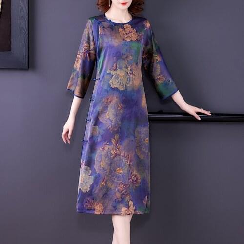 Spring Women Vintage Casual Floral Midi Dress 2021 Elegant Bodycon Party Vestidos Autumn Chinese Style Mulberry Silk Satin Dress