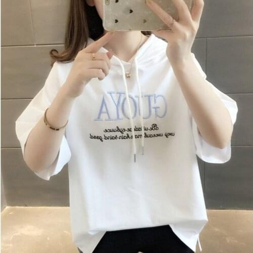 2021 Summer 100% Cotton Hoodie O Neck T Shirt Woman Short Sleeve Shirt Woman Loose T-shirt Korean Style Plus Size Women Shirts