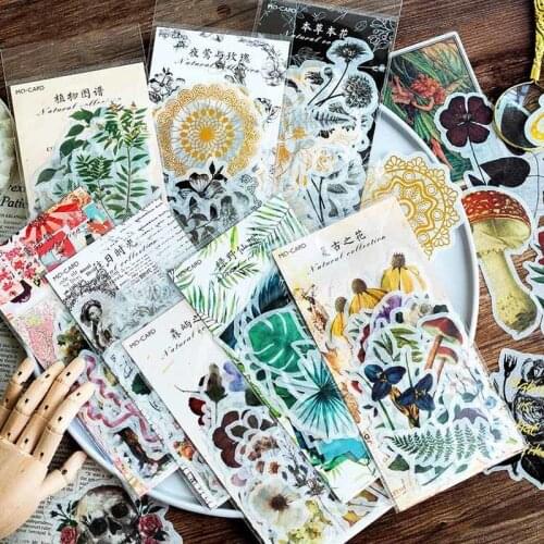 60 Pcs Vintage Bronzing Washi Sticker Pack Green Plants Stick Label Planner Cell Phone Album DIY Decorative Stickers Stationery