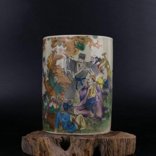 Antique Porcelain QING TONGZHI Pastel Eight Immortals Brush Pot Pen container A1