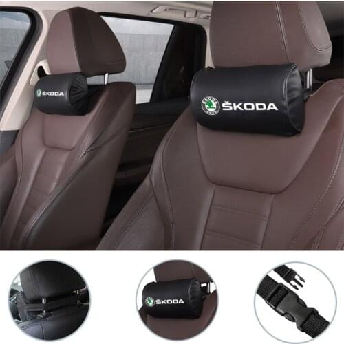 2pcs Car Neck Pillow Adjustable Head Restraint Leather Accessories For Skoda Octavia Rapid Kodiaq Karoq Fabia Kamiq Superb Yeti