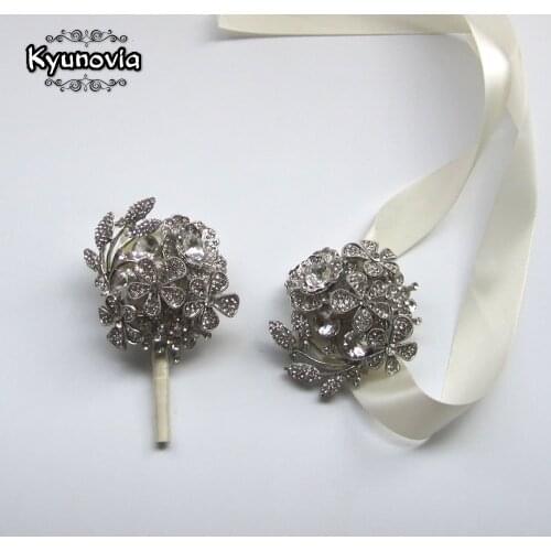 Kyunovia Wedding Grooms Brooch Boutonniere Ivory Rhinestone Wrist Corsage Groomsmen Buttonhole Prom Crystal Pin Accessories FE9