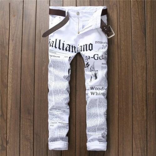 Casual Mens Slim Pants Mens Letter Newspaper Printed Narrow Pant White Stretch Slim Fit Pants Moto Trousers for Male