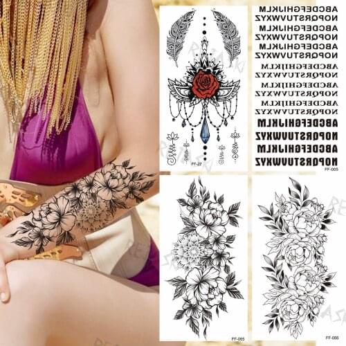 Black Flower Temporary Tattoos For Women Girls Realistic Rose Pendant Jewel Letter Fake Tattoo Sticker Arm Back Tatoos India