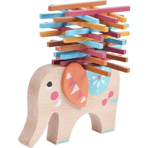 Wooden Colorful Balance Rods Stack on Elephant Stacking Game, Kids Toddlers Motor Skill Training Toy