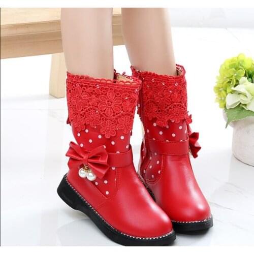 Childrens Winter Boots for Girls Lace Bowtie Genuine Leather Fashion Boots Princess Winter Flats Dress Shoes Black Red Pink