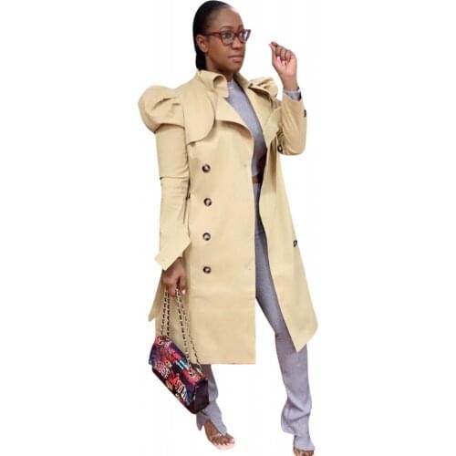 Khaki Double Breasted Classic Women Trench Coat Elegant Long Puff Sleeve Loose Long Windbreaker High Street Female Slim Outwear