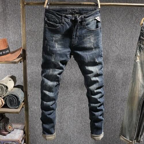 European Vintage Fashion Men Jeans Retro Dark Blue Elastic Slim Fit Ripped Jeans Men Distressed Wash Designer Casual Denim Pants