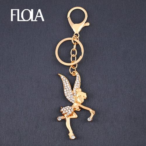 FLOLA Crystal Fairy Angel Wings Keychains Holder For Women Big Gold Pendant Keyrings Charms Car Bag Key Ring Jewelry Gift kcha07