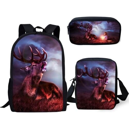 HaoYun 3PCs Set Kids School Backpack Art Fantasy Deer Pattern School Book Bags Kawaii Animal Students Backpack/Flaps Bag/Pen Bag