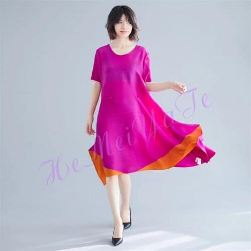 HOT SELLING Miyake Fold patchwork o-neck short sleeve Button fashion pleated A-Line dress IN STOCK