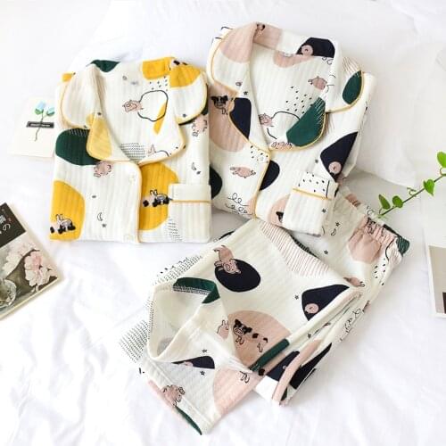 Sweet Lovely Cartoon Print Winter Pajamas Set Women Three Layers Cotton Thick Warm Home Suit Female Knitted Sleepwear Homewear