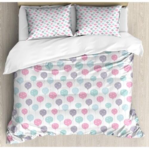 Birthday Party Duvet Cover Set Continuous Balloons with Hearts Fun 3 Piece Bedding Set Pastel Pink Pale Seafoam Baby Pink Purple