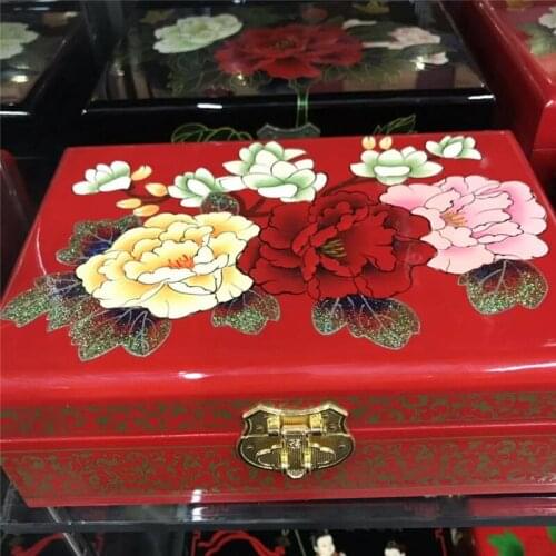 NEW Chinese handmade classic wooden lacquer & Peony flower 2 layers Jewelry box