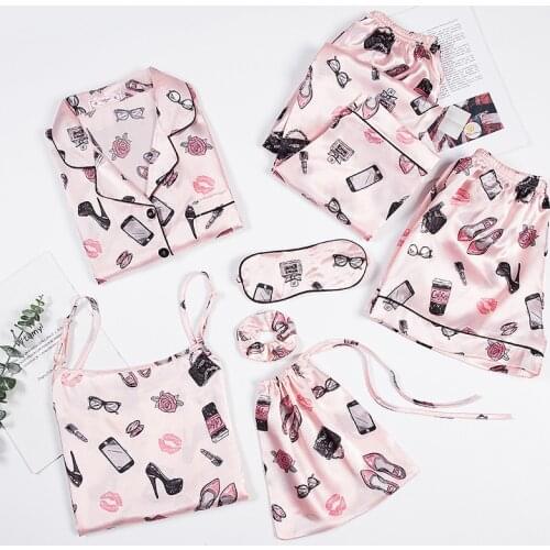 JULYS SONG New Fashion 7 Pieces Pajamas Sets Faux Silk Stain Cute Pattern Pyjama Sexy Sling Shorts Long Sleeve Pants Sleepwear