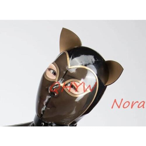 Sexy Black Brown Latex Cat Hood Fetish Unisex Rubber Mask Cosplay Cat Back Zipper Customized XS-XXL