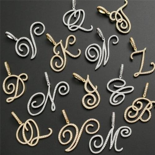 Hip Hop A-Z Cursive Letters CZ Letters Charm Necklaces & Pendant Bling Cubic Zirconia For Men Women Jewelry