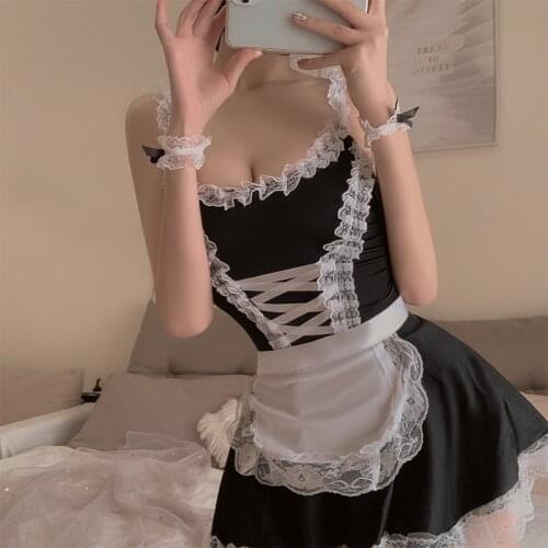 High Quality Sexy Lingerie Cosplay French Apron Maid Costume Women Exotic Servant Cosplay Dress Ladies Lace Allure Miniskirt Set