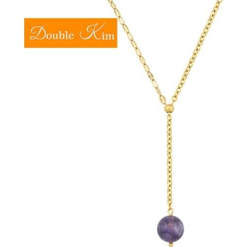 Purple Crystal Pendantt Necklace Titanium Stainless Steel Chain Golden Color Trendy Women Jewelry Anniversary Exquisite Gift