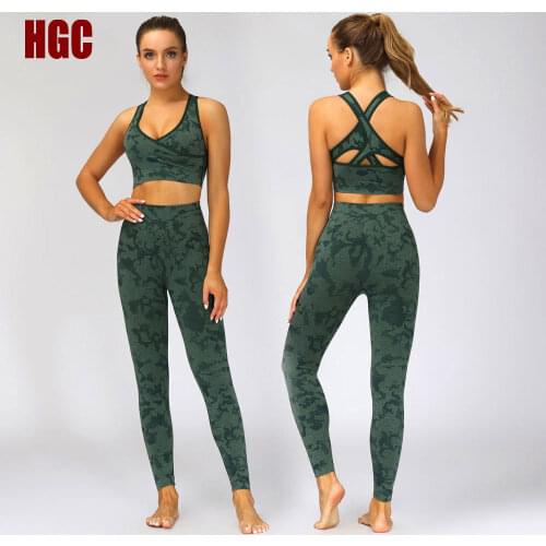 HGC Seamless Suit Women Sportwear Camo 2 Piece Yoga Set High Elastic Sport Outfit GYM Leggings And Top Sexy Bra Fitness Clothing
