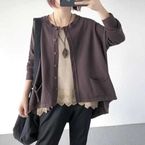 Johnature Women Bat Sleeve Autumn Sweaters Button O-Neck Long Sleeve 2021 Pockets Female Fall Clothes Casual Cardigan Sweaters