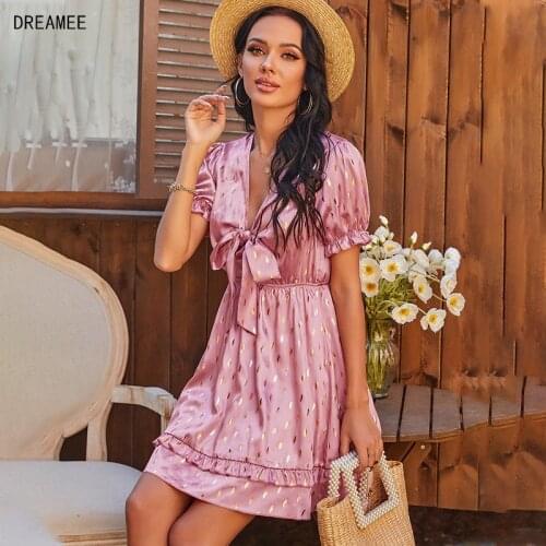 Short Sleeve Dress Vestido De Mujer 2021Summer Dresses Pink Robes Casual Ropa Ruched Kleider Damen Sequin Puff Robe Satin Elbise
