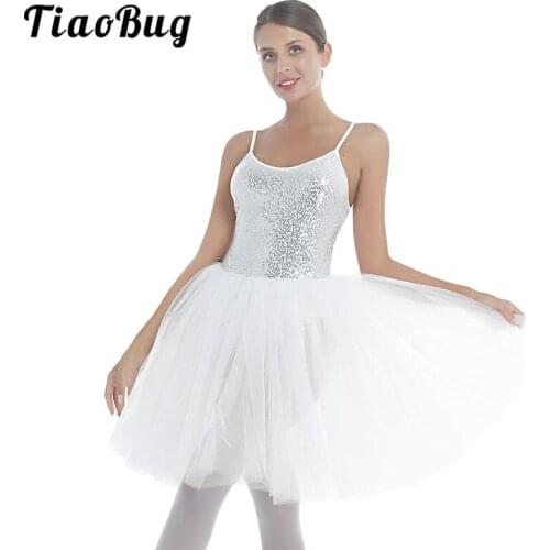 TiaoBug Women Sequins White Tulle Tutu Ballet Dress Professional Ballet Leotard Stage Performance Ballerina Swan Dance Costume