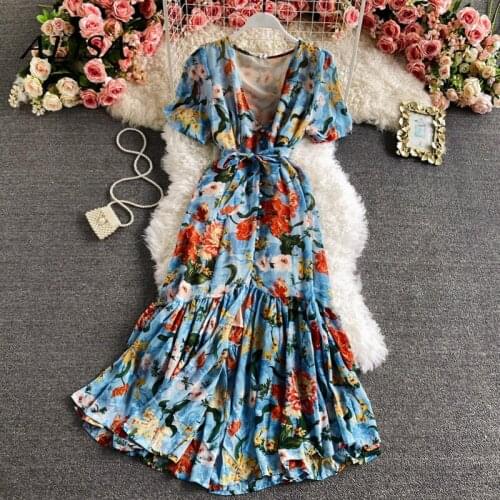 Elegant Women Beach Dress Summer Seyx V-neck Vintage Floral Printed Dresses Ladies Ruffled Bohemian Long Robe Vestidos Mujer