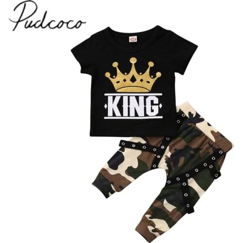 2018 Brand New Fashion Baby Boys Cotton Short Sleeve Pullover Letter Crown Black Short Tops Camouflage Button Pants 2Pcs Set