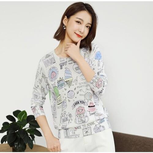 2020 Early Autumn New Printed Knit Top Womens Cartoon Cute Printed Knitwear Sunscreen Knitwear