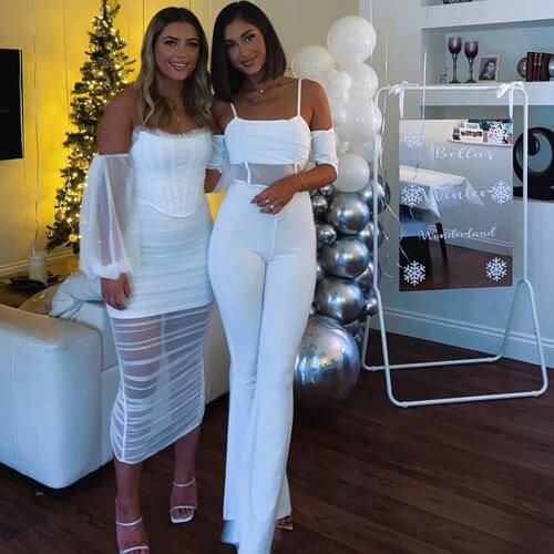 2021 White Sexy Backless Pleated Mesh Patchwork Women Clothing Jumpsuits Casual Straight Streetwear Vintage Femme Rompers DH7595