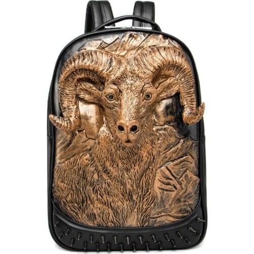 3D Antelope Animal Embossing Rivet Black Satchel Man Women School Backpack Halloween Cool Leather laptop Travel Soft Bags