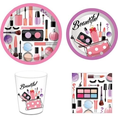44pcs Make Up Girls Happy Birthday Dinner Dessert Plates Party Decorations Lipstick Eye Shadow Disposable Tableware Kids Party