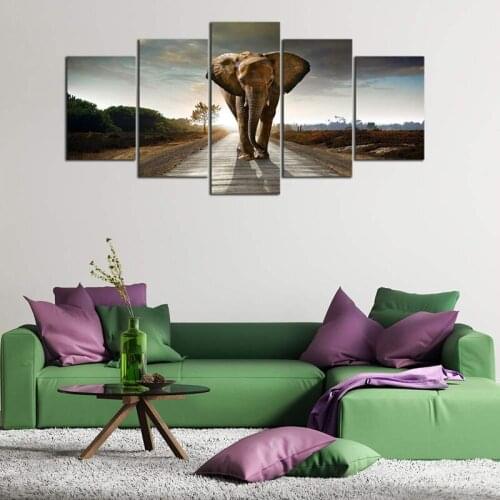 5 Pieces Animal Posters African Elephant Road HD Prints Canvas Art Painting Modular Bedside Living Room Wall Art Home Decor Gift