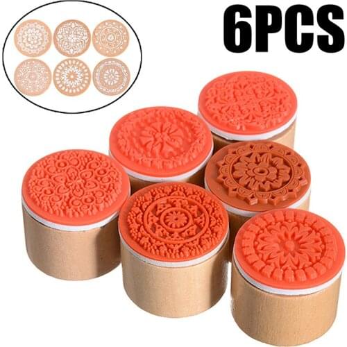 6PCS Emboss Wood Stamp Mandala Lace Floral Pottery Polymer Clay Craft DIY Tool for DIY Scrapbooking Photo Album