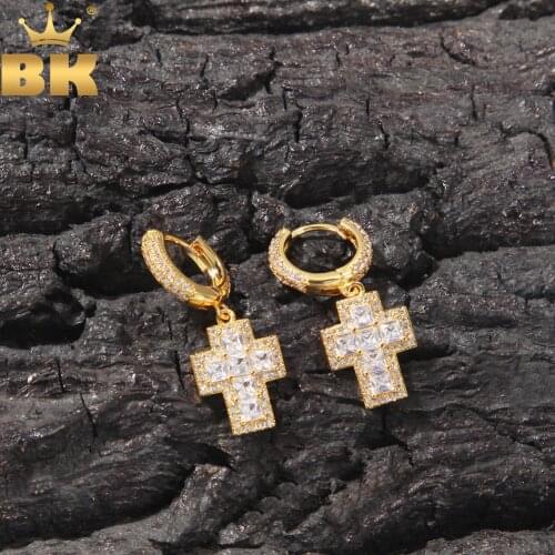 THE BLING KING Cross Drop Earrings Paved Baguettes Cubic Zirconia Hiphop Jewelry Unisex Large Stud Punk Earrings For Gift